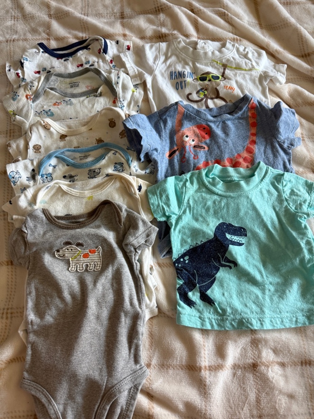 Mixed Baby Onesies & Tees - Dino & Octopus Prints - Mint, Gray, Blue, White